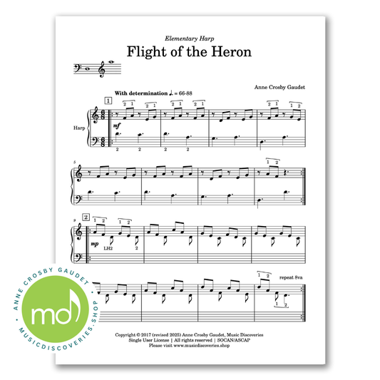 Flight of the Heron, elementary harp sheet music by Anne Crosby Gaudet