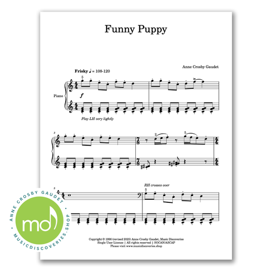 Funny Puppy is an early intermediate piano solo by Anne Crosby Gaudet