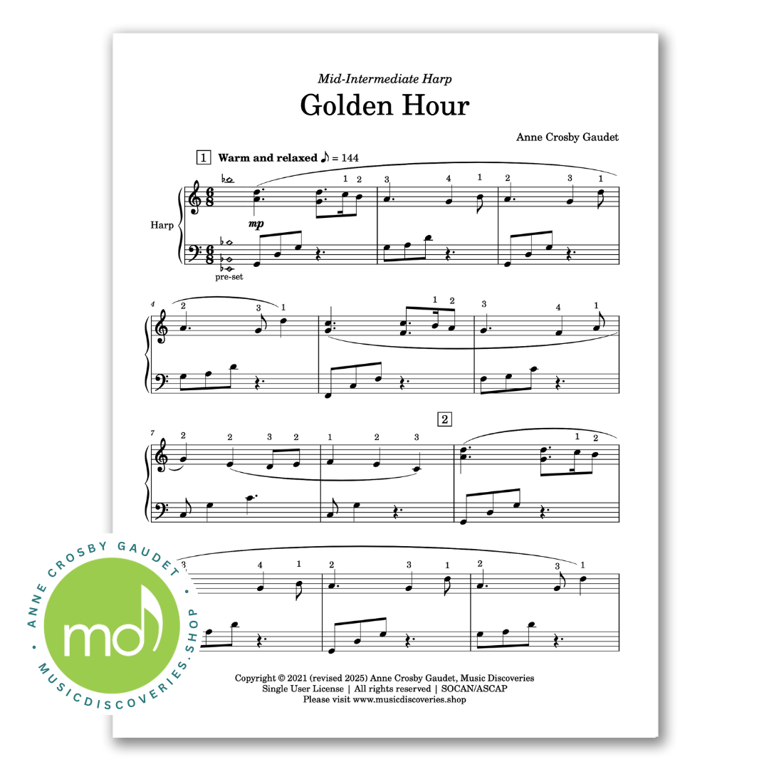 Golden Hour, mid-intermediate harp solo by Anne Crosby Gaudet