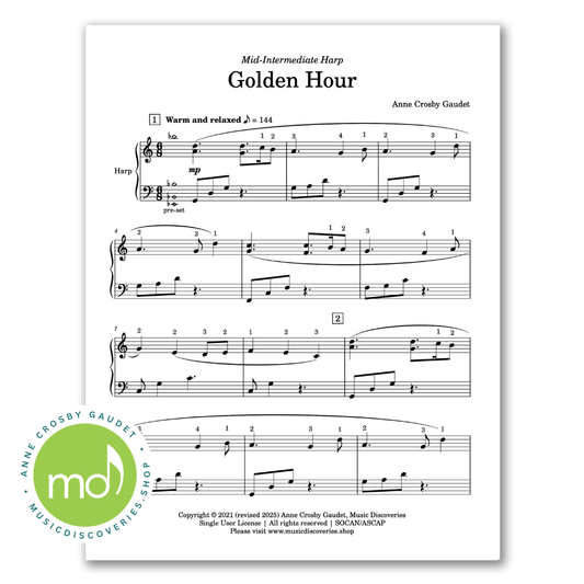 Golden Hour, mid-intermediate harp solo by Anne Crosby Gaudet