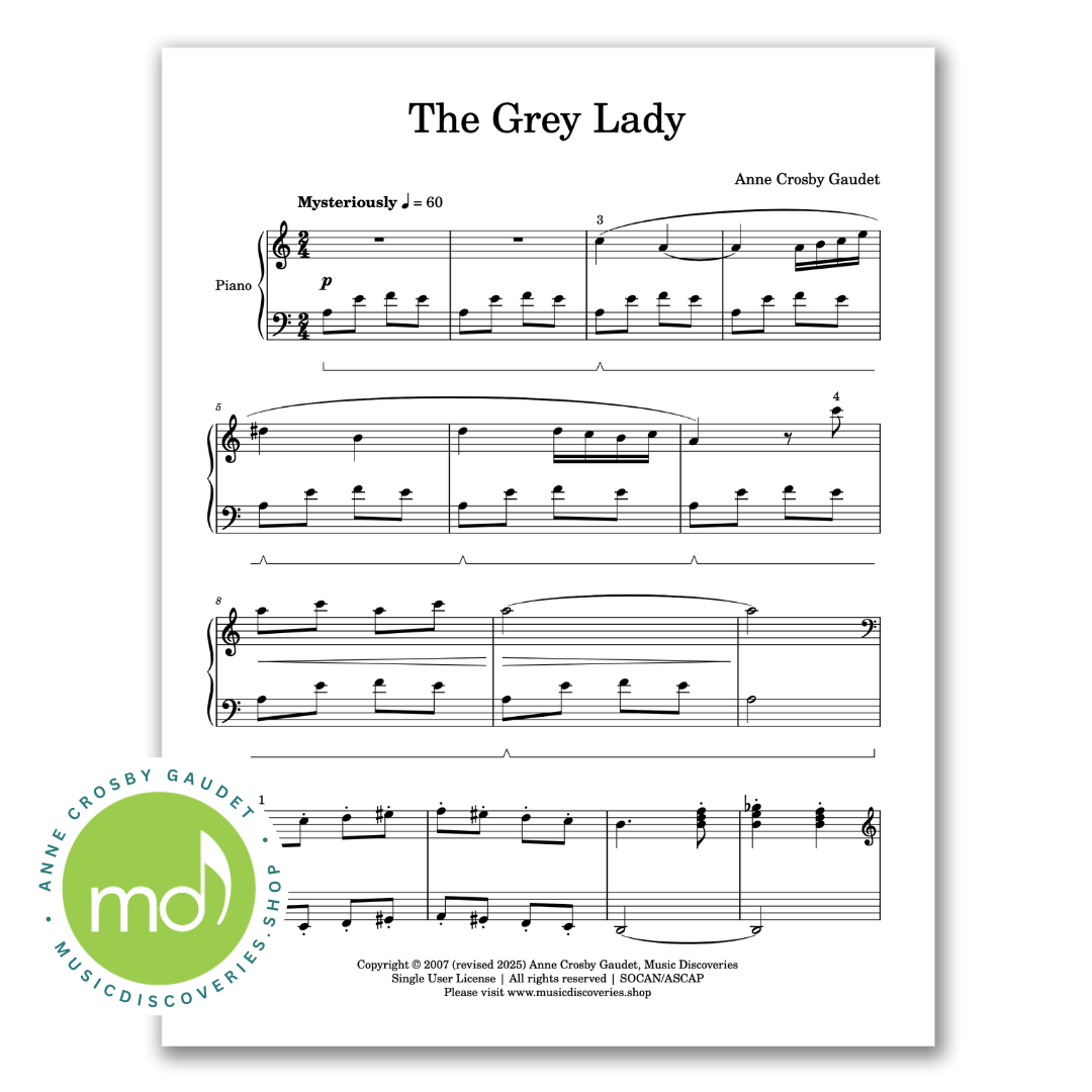 The Grey Lady, early intermediate piano sheet music by Anne Crosby Gaudet