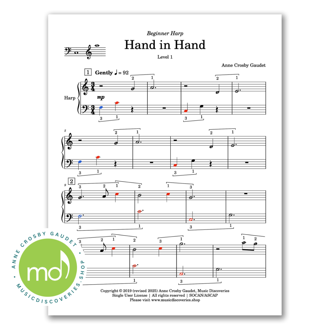 Hand in Hand, beginner harp solo by Anne Crosby Gaudet