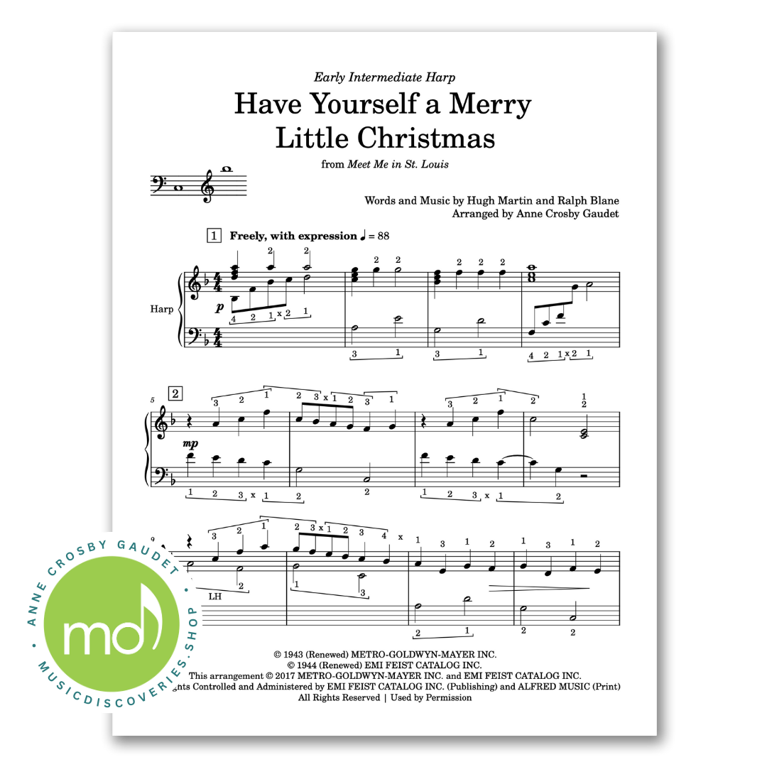 Have Yourself a Merry Little Christmas, arranged for early intermediate harp by Anne Crosby Gaudet