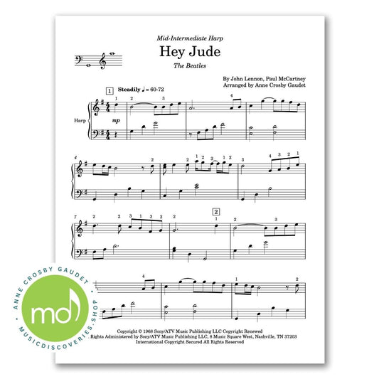 Hey Jude, harp sheet music arrangement by Anne Crosby Gaudet