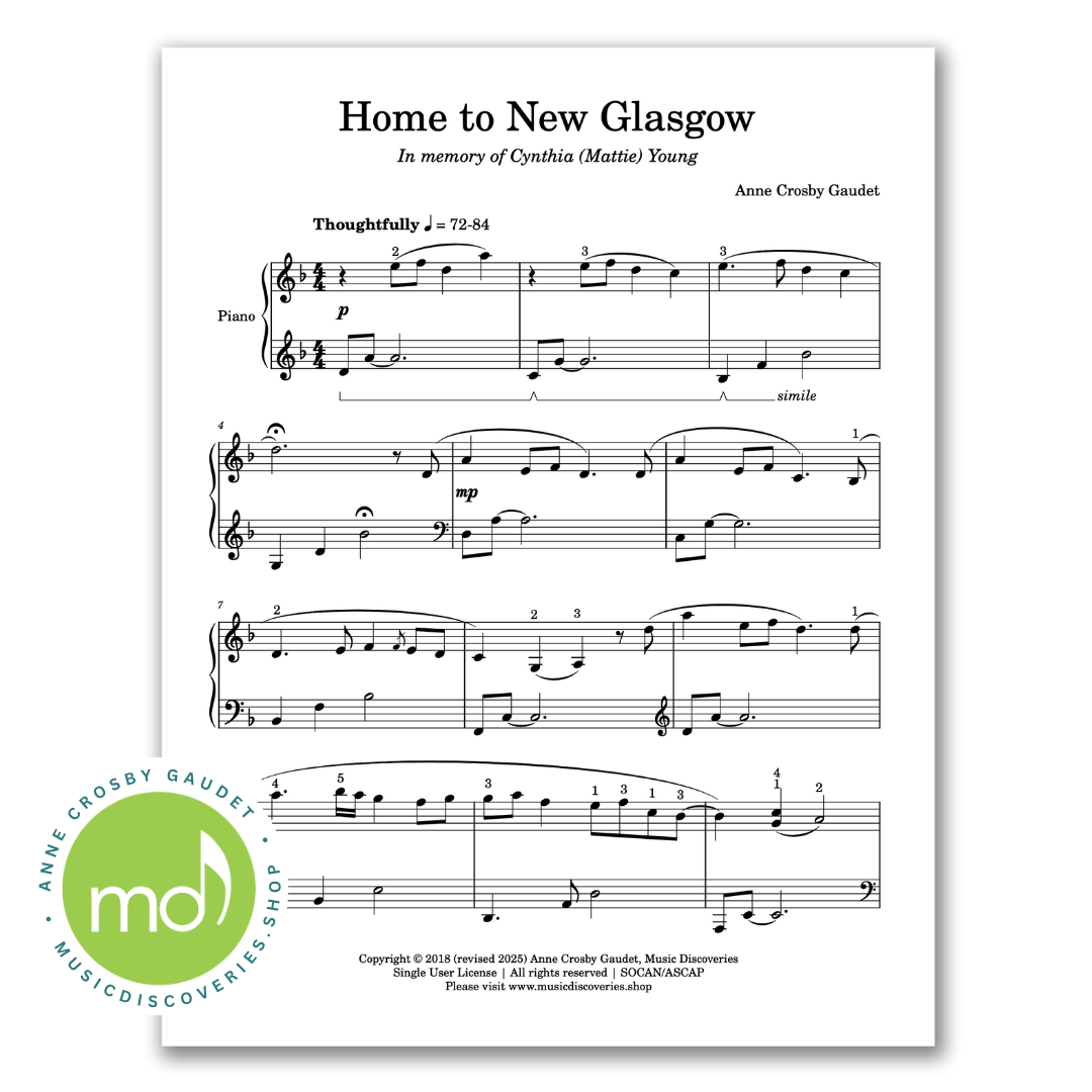 Home to New Glasgow, piano solo by Anne Crosby Gaudet