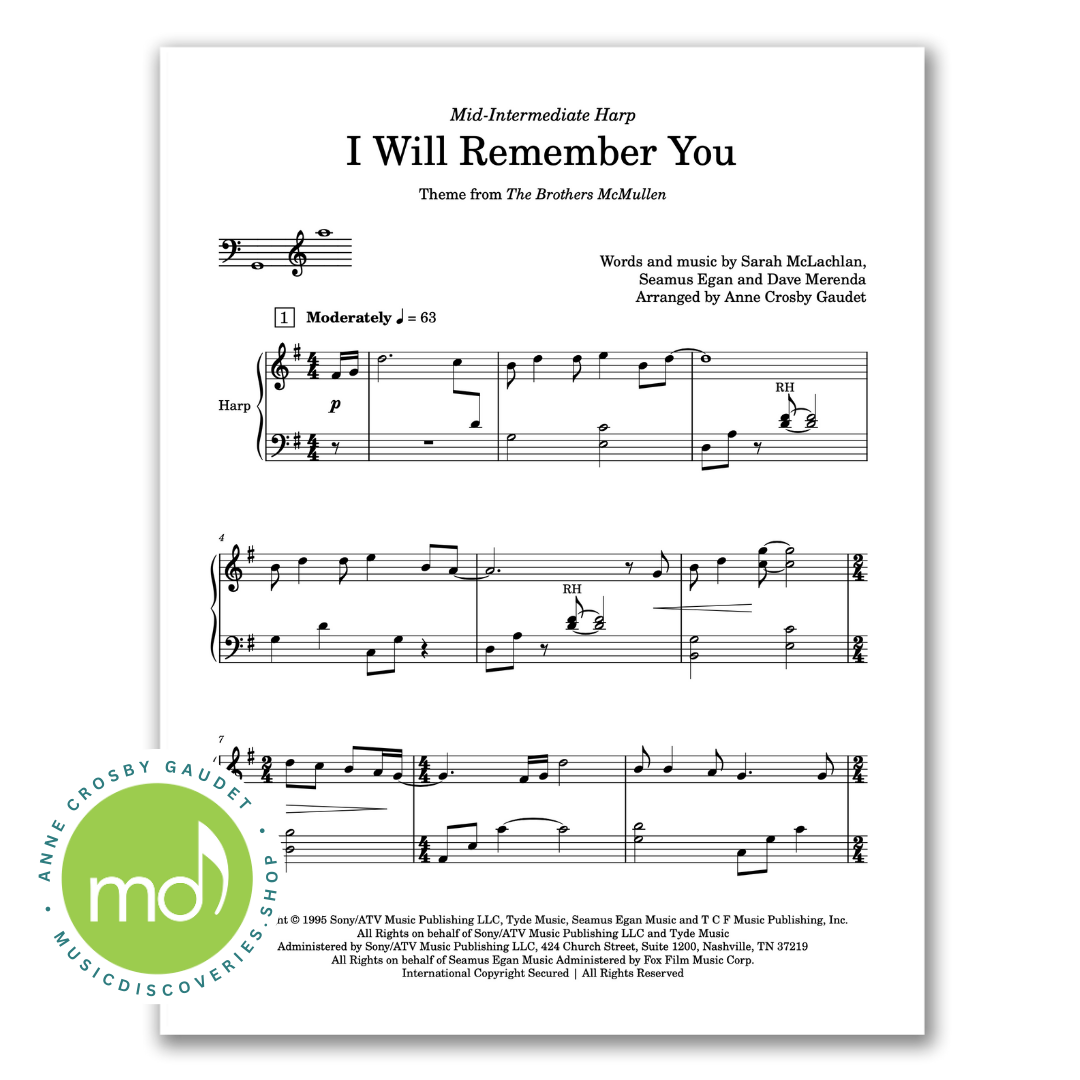 I Will Remember You (Sarah McLachlan) arranged for harp by Anne Crosby Gaudet