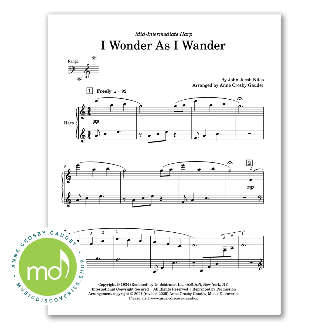 I Wonder As I Wander, harp sheet music arranged by Anne Crosby Gaudet