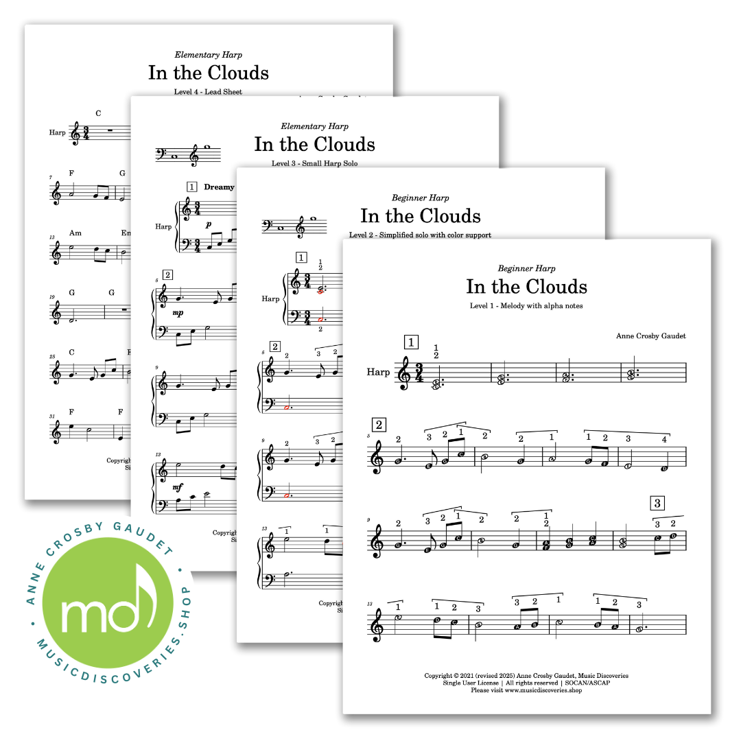 In the Clouds, beginner harp solo in 4 levels by Anne Crosby Gaudet