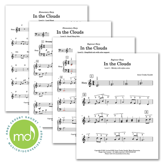 In the Clouds, beginner harp solo in 4 levels by Anne Crosby Gaudet