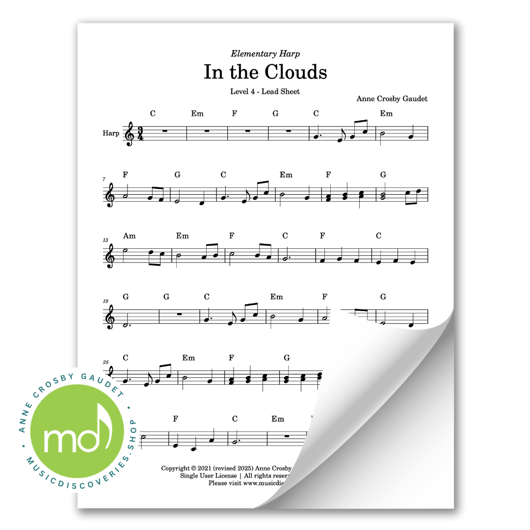 Sheet music for 'In the Clouds' by Anne Crosby Gaudet on a white background with a Music Discoveries logo.