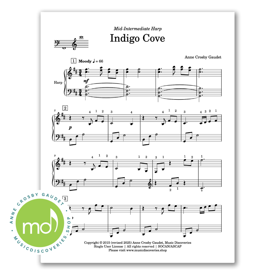 Indigo Cove, mid-intermediate harp solo by Anne Crosby Gaudet