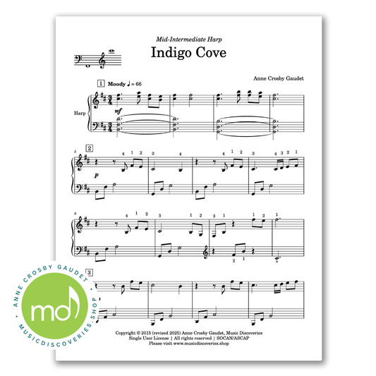 Indigo Cove, mid-intermediate harp solo by Anne Crosby Gaudet