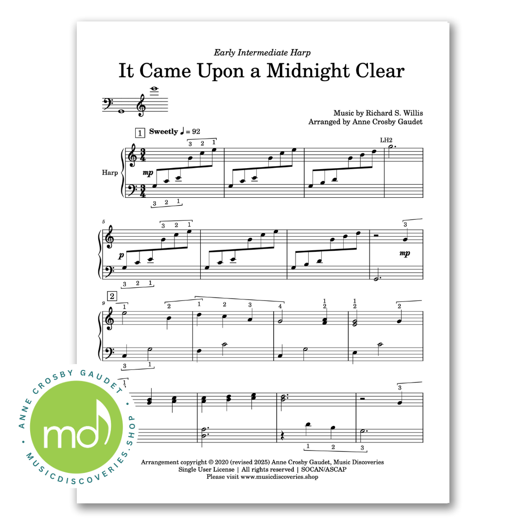 It Came Upon a Midnight Clear, arranged for early intermediate lever harp by Anne Crosby Gaudet