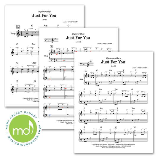 Just For You, beginner harp sheet music in 3 levels by Anne Crosby Gaudet