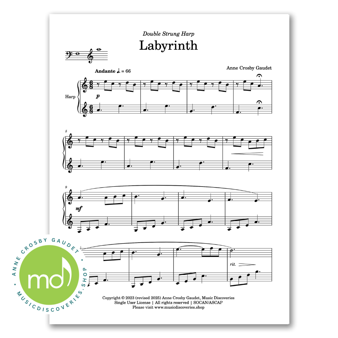 Labyrinth, double strung harp sheet music by Anne Crosby Gaudet