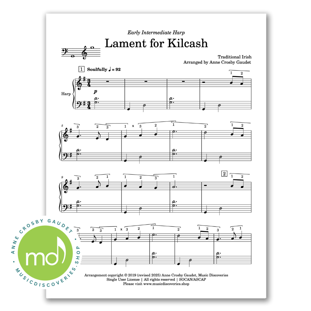 Lament for Kilcash, early intermediate harp sheet music arranged by Anne Crosby Gaudet