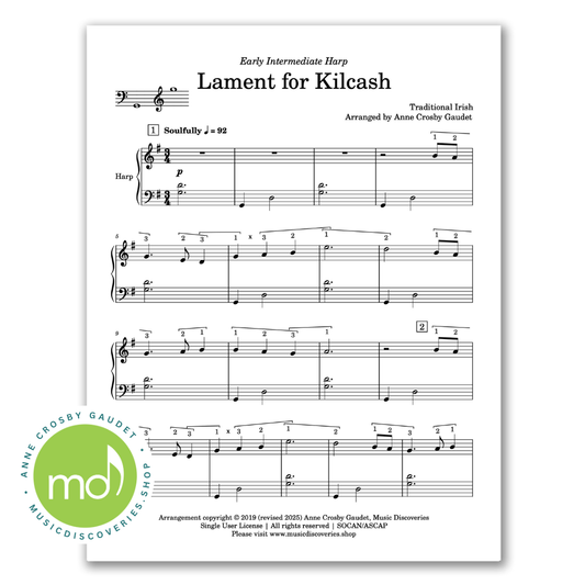 Lament for Kilcash, early intermediate harp sheet music arranged by Anne Crosby Gaudet