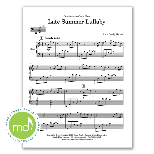 Late Summer Lullaby, late intermediate harp solo by Anne Crosby Gaudet
