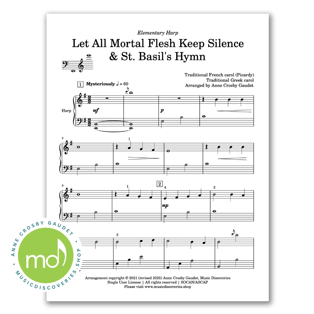Let All Mortal Flesh Keep Silence & St. Basil's Hymn arranged for elementary harp by Anne Crosby Gaudet