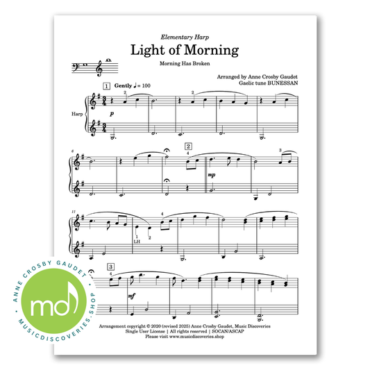 Light of Morning, elementary harp sheet music arrangement by Anne Crosby Gaudet