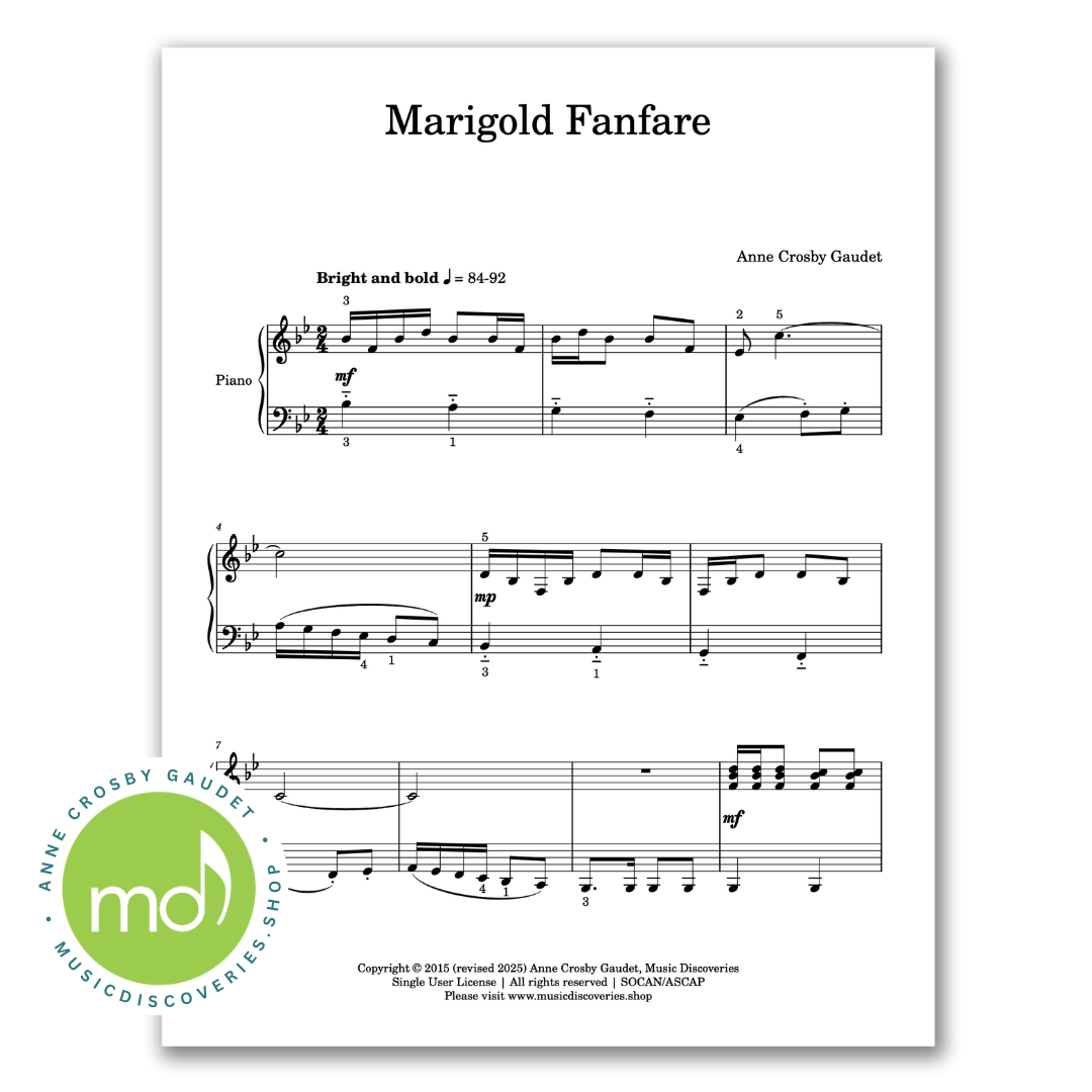 Marigold Fanfare, early intermediate piano sheet music by Anne Crosby Gaudet