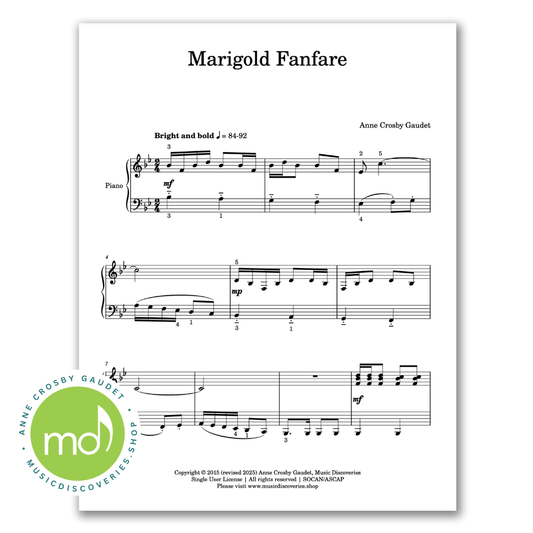 Marigold Fanfare, early intermediate piano sheet music by Anne Crosby Gaudet