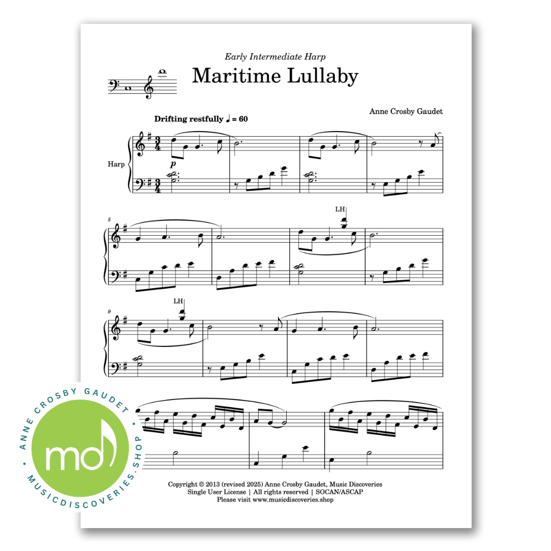 Sheet music for 'Maritime Lullaby' by Anne Crosby Gaudet with a logo in the corner.