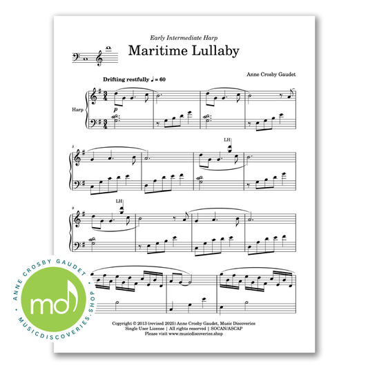 Sheet music for 'Maritime Lullaby' by Anne Crosby Gaudet with a logo in the corner.