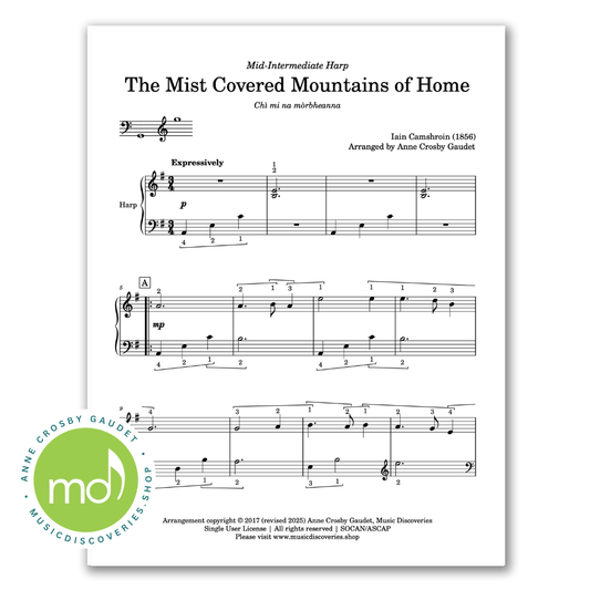 The Mist Covered Mountains of Home, mid-intermediate harp sheet music by Anne Crosby Gaudet