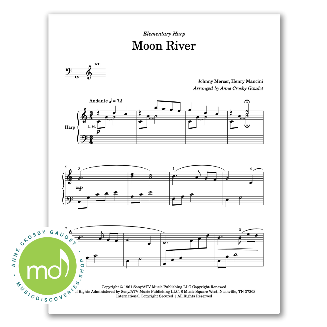 Moon River, harp sheet music arranged by Anne Crosby Gaudet