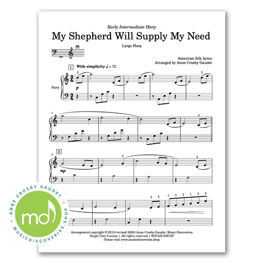 My Shepherd Will Supply My Need, early intermediate harp hymn arrangement by Anne Crosby Gaudet
