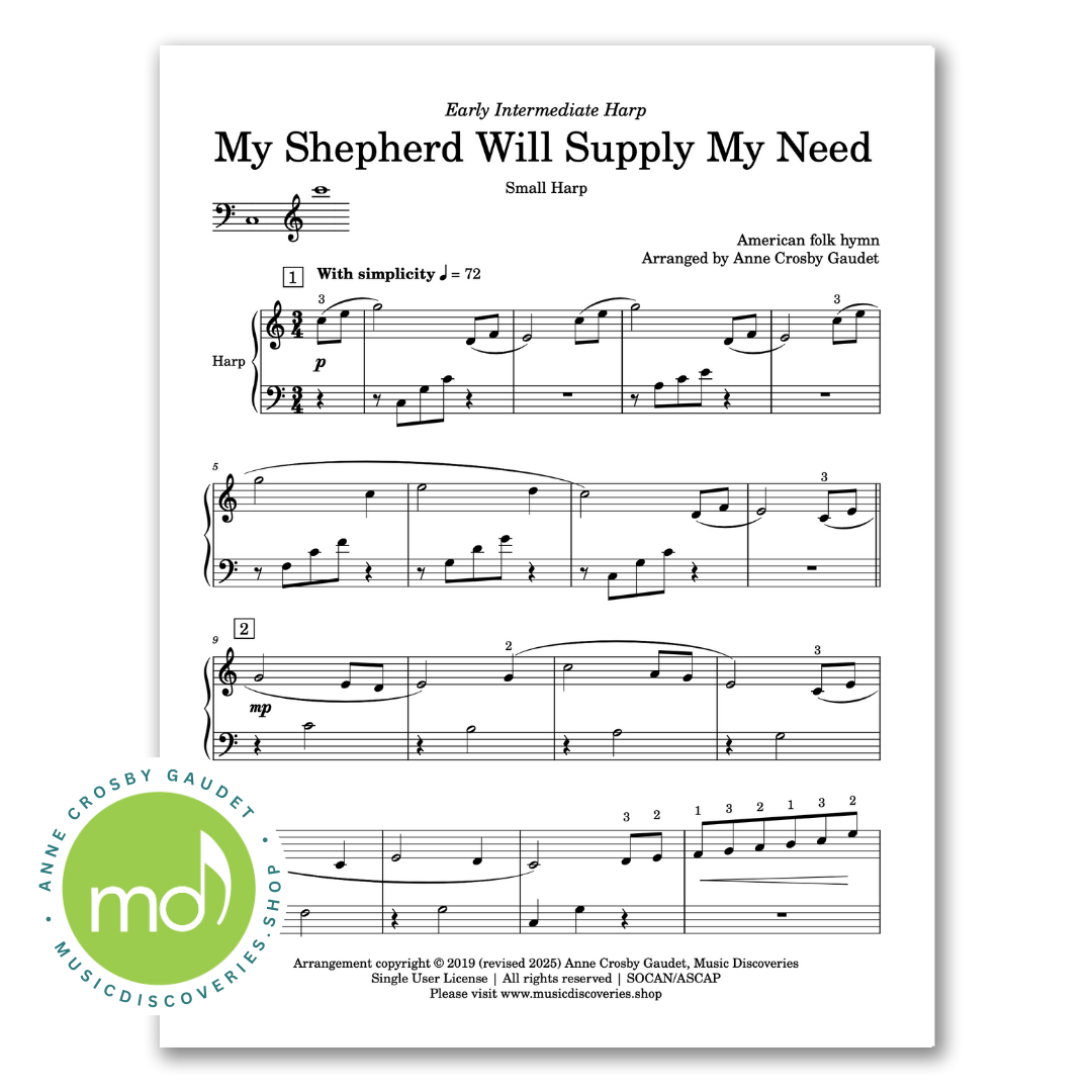 My Shepherd Will Supply My Need, early intermediate harp hymn arrangement by Anne Crosby Gaudet