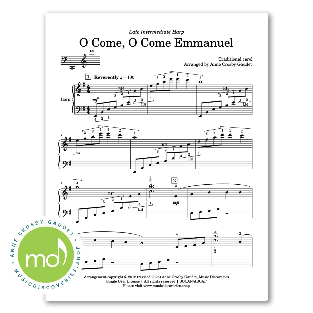 O Come, O Come Emmanuel, late intermediate harp sheet music arranged by Anne Crosby Gaudet