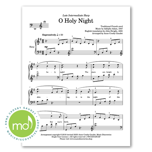 O Holy Night, Christmas carol arranged for late intermediate harp by Anne Crosby Gaudet