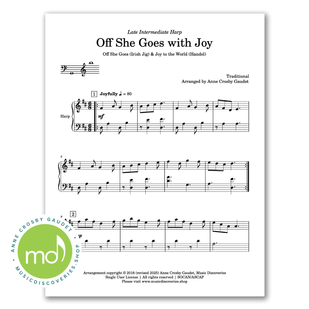 Off She Goes with Joy (Off She Goes & Joy to the World), late intermediate harp sheet music by Anne Crosby Gaudet
