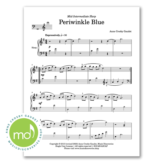 Periwinkle Blue, mid-intermediate harp solo by Anne Crosby Gaudet