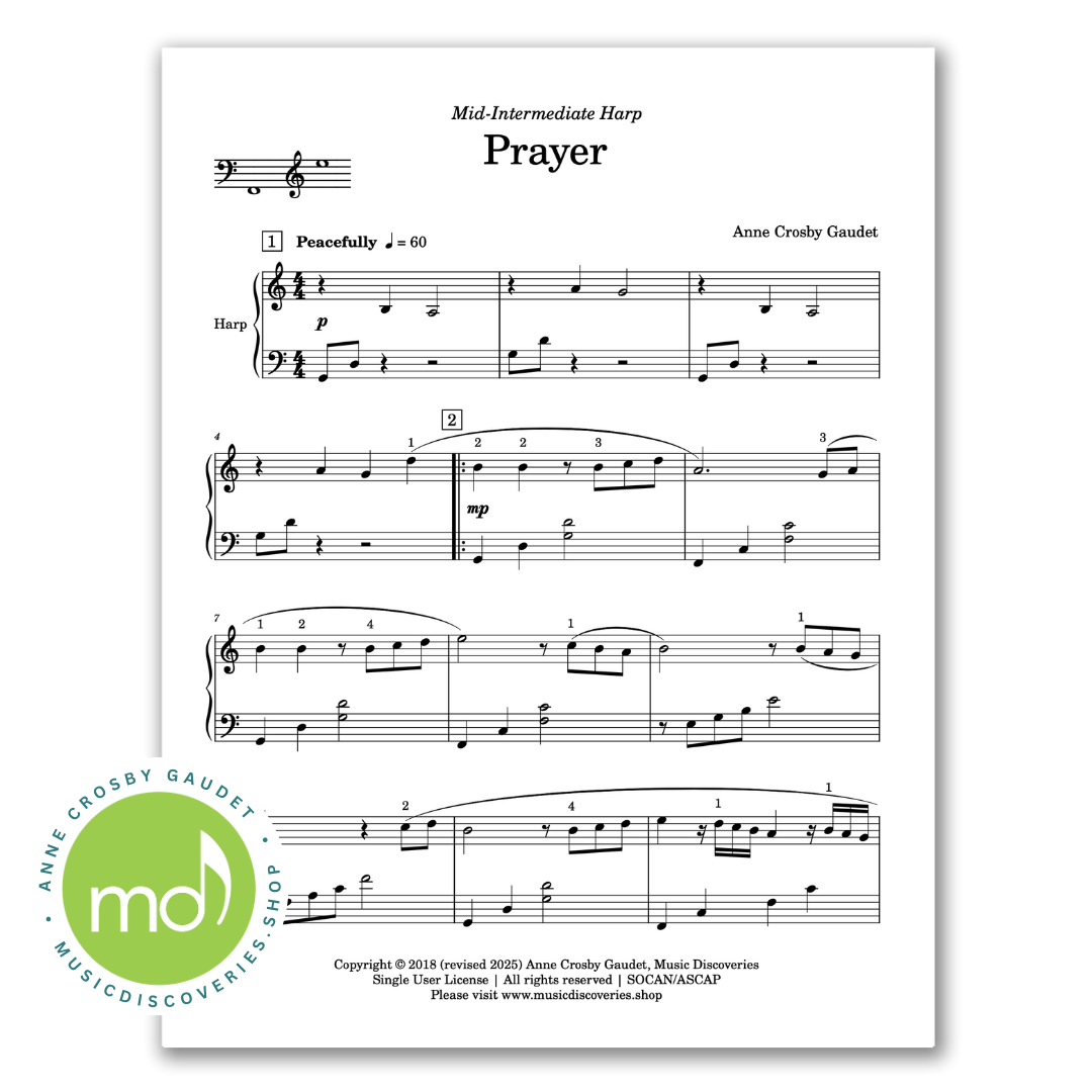 Prayer, mid-intermediate harp solo by Anne Crosby Gaudet