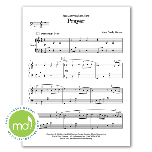 Prayer, mid-intermediate harp solo by Anne Crosby Gaudet
