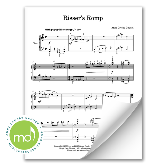 Sheet music for 'Risser's Romp' by Anne Crosby Gaudet with a visible logo in the corner.