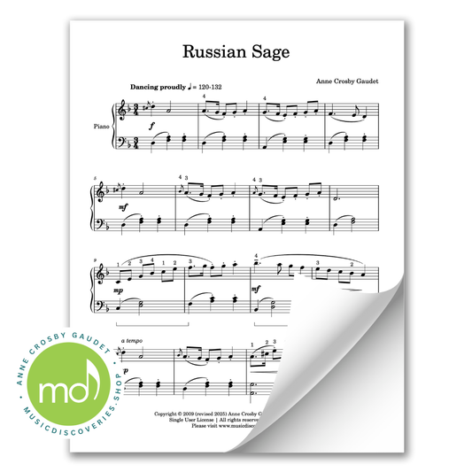 Sheet music for 'Russian Sage' by Anne Crosby Gaudet with a visible logo in the corner.