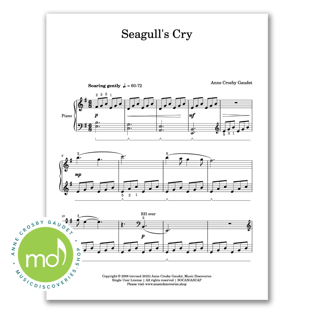 Seagull’s Cry is an early intermediate piano solo by Anne Crosby Gaudet