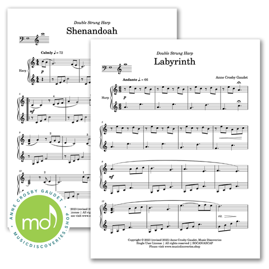 Labyrinth and Shenandoah, double strung harp sheet music by Anne Crosby Gaudet