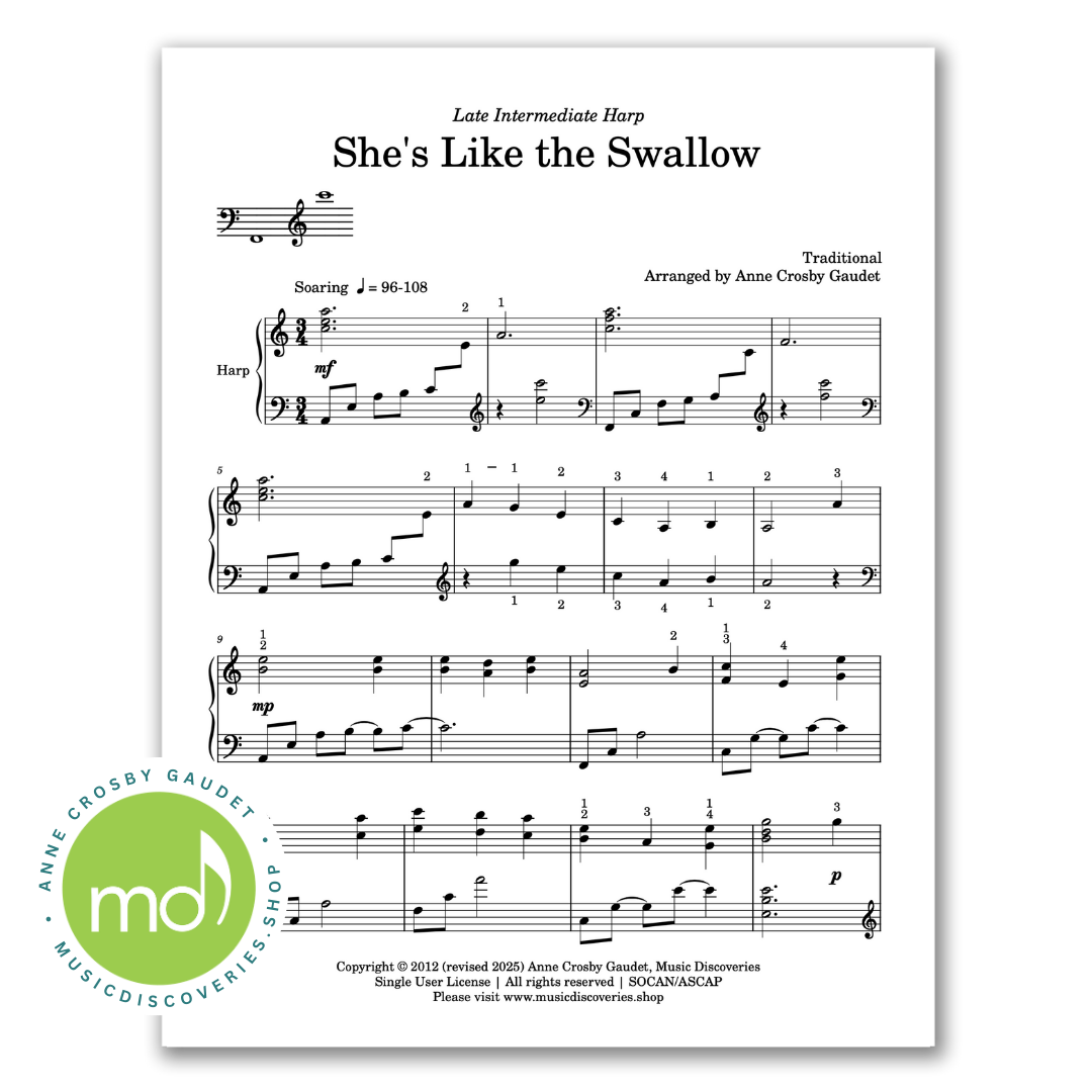 She's Like the Swallow, late intermediate harp sheet music arranged by Anne Crosby Gaudet