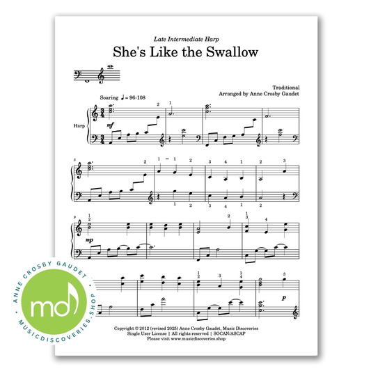 She's Like the Swallow, late intermediate harp sheet music arranged by Anne Crosby Gaudet