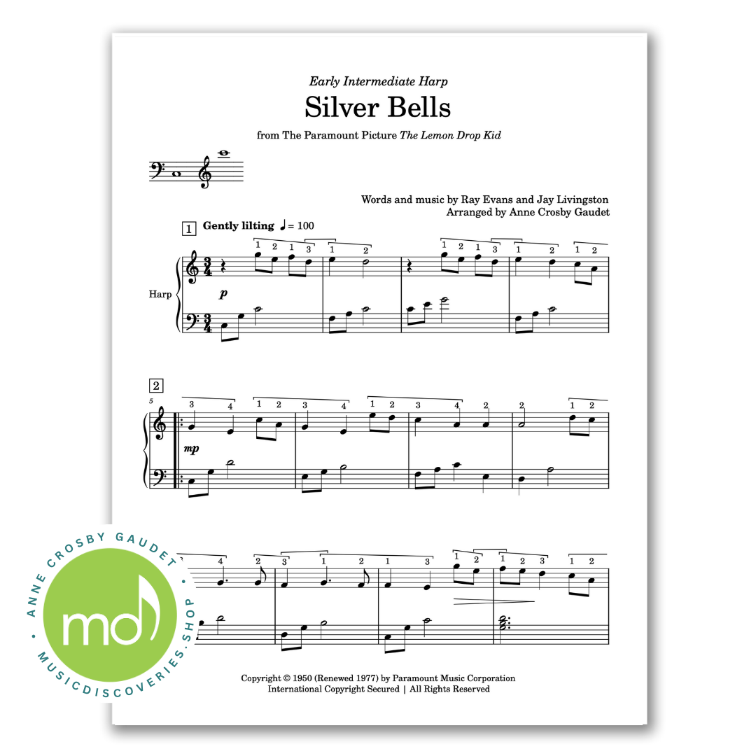 Silver Bells, harp sheet music arrangement by Anne Crosby Gaudet