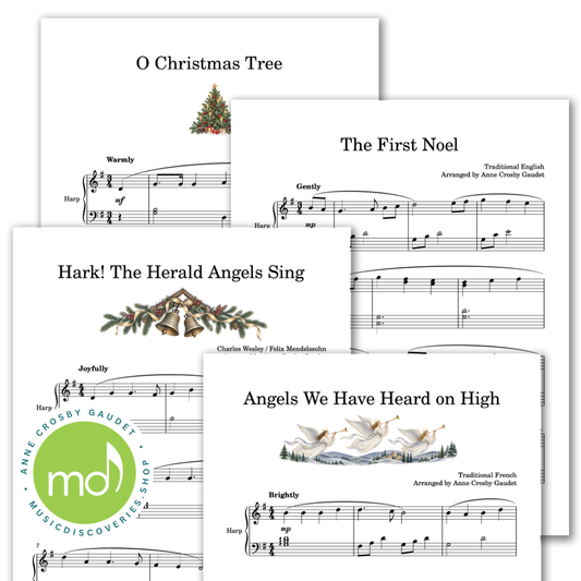 A collage of printed sheet music covers arranged on a white background. Visible titles include 'O Christmas Tree,' 'The First Noel,' 'Hark! The Herald Angels Sing,' and 'Angels We Have Heard on High.