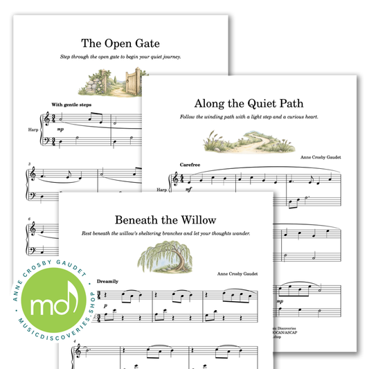 Three printed sheet music pages overlapping on a white background, titled 'The Open Gate,' 'Along the Quiet Path,' and 'Beneath the Willow,' with musical notation and small landscape illustrations.
