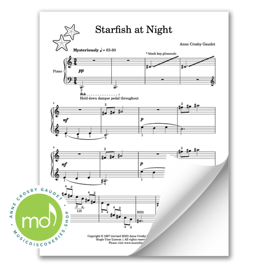 Sheet music for 'Starfish at Night' by Anne Crosby Gaudet with a star graphic on a white background.