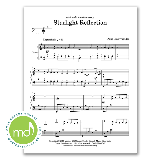Starlight Reflection, late intermediate harp sheet music by Anne Crosby Gaudet