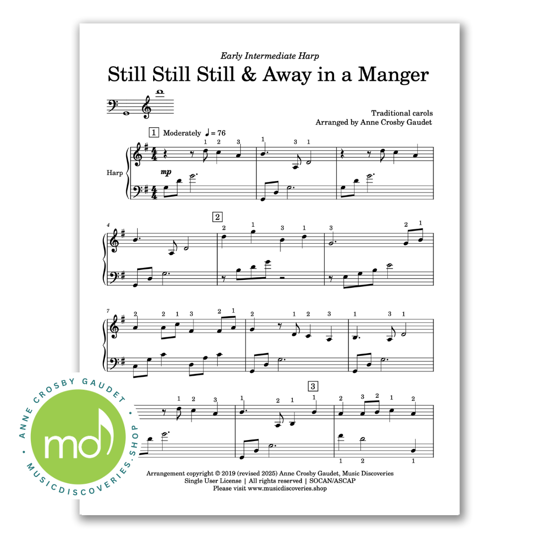 Still Still Still & Away in a Manger, early intermediate harp solo by Anne Crosby Gaudet